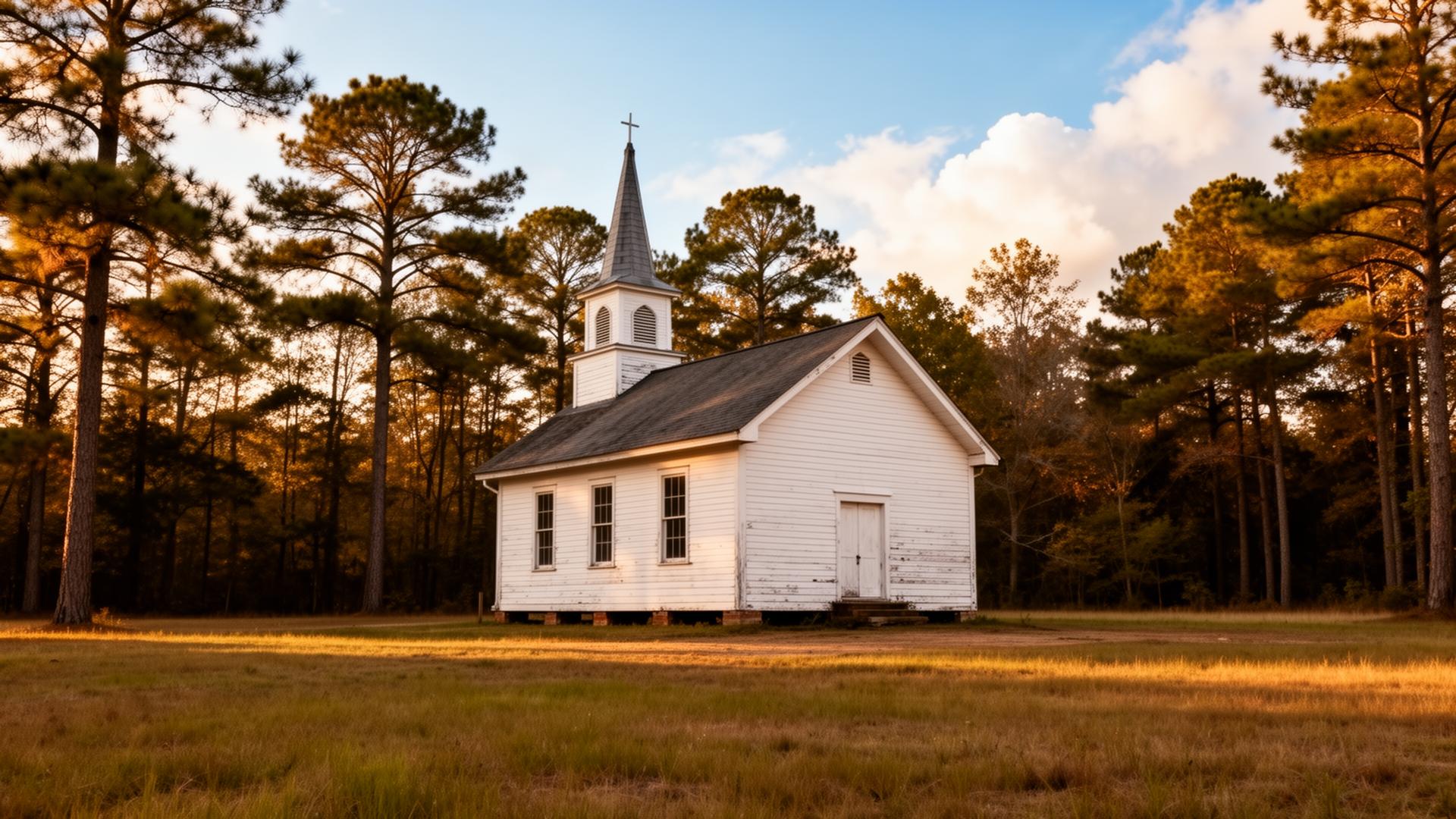 A historic white country church surrounded by tall pines in rural Georgia at golden hour