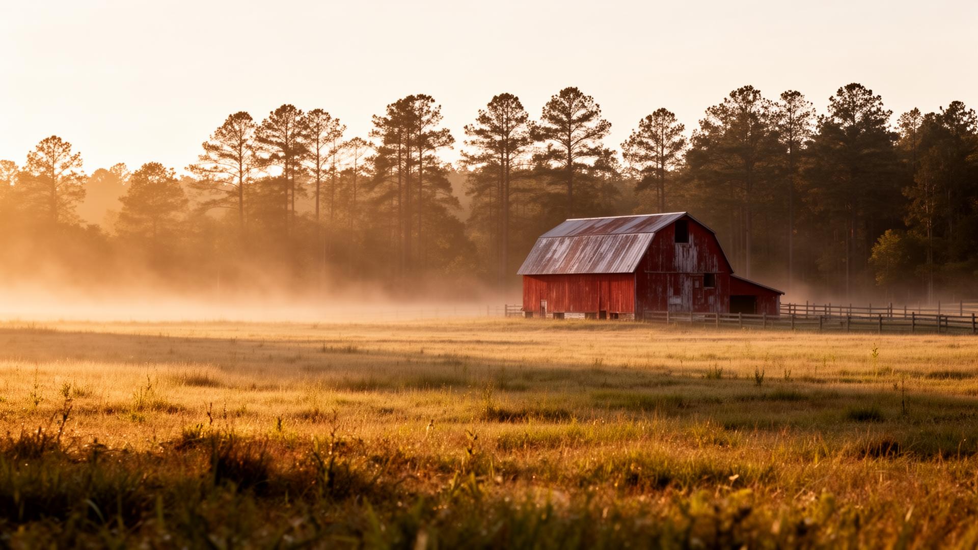 A red barn at sunrise over misty Georgia farmland