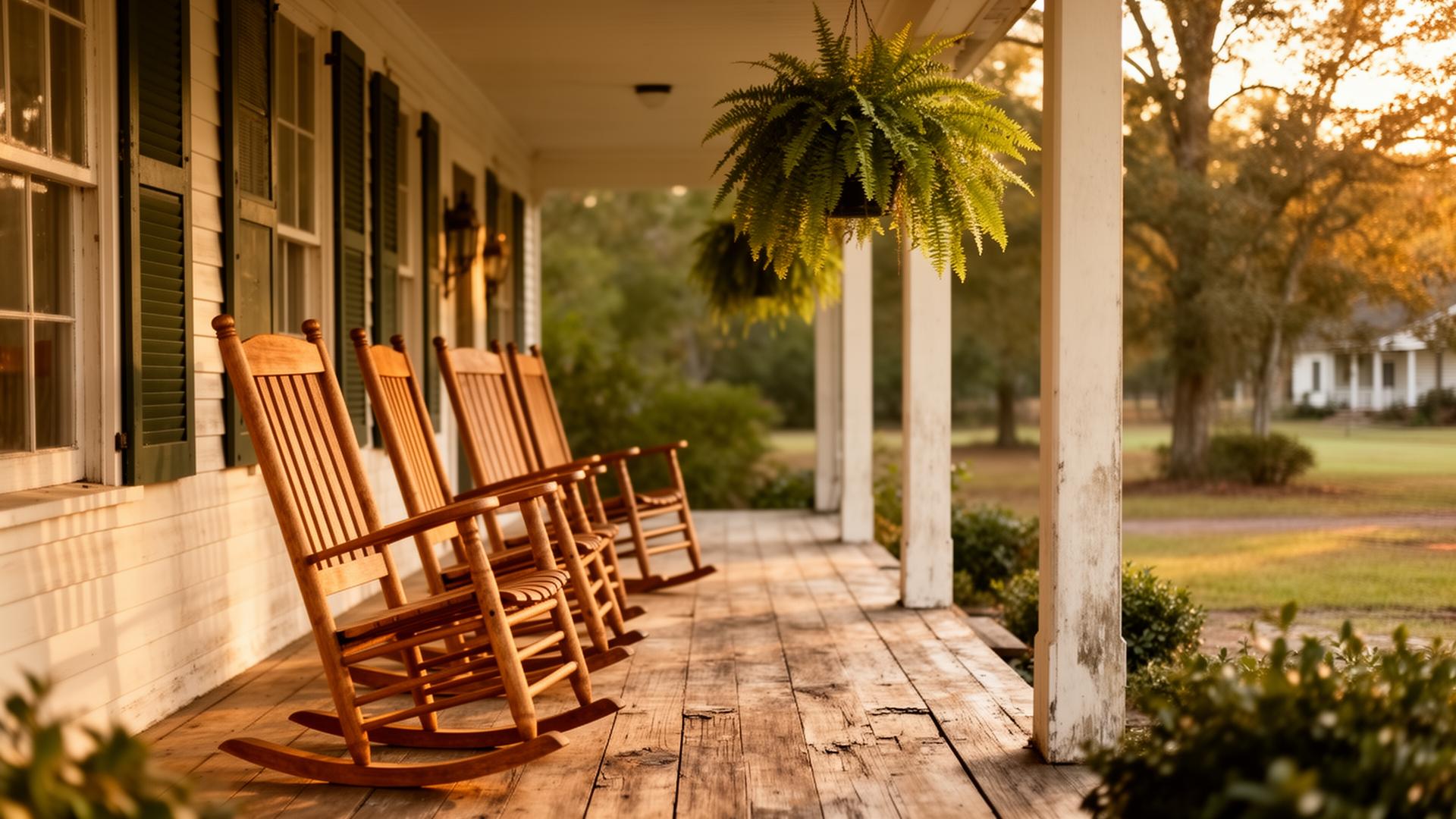 A warm Southern front porch with rocking chairs in golden afternoon light
